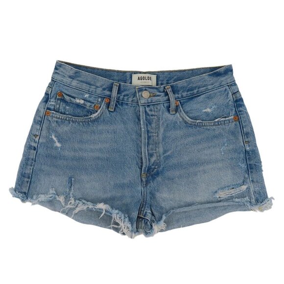 Agolde Women 27 PARKER Blue Distressed Denim Jean Shorts Button Fly All Cotton - Picture 1 of 13